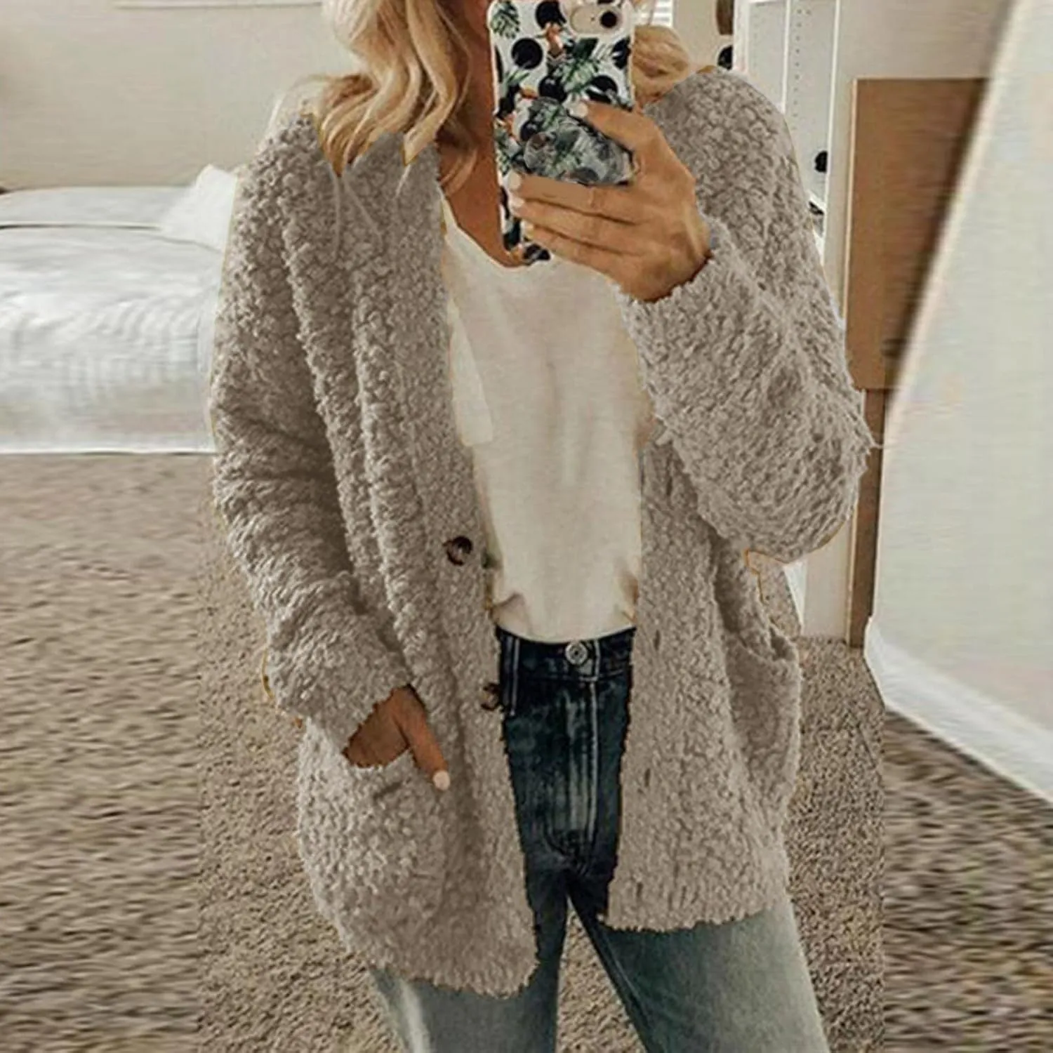 Women Warm Plush Coats Plus Size Sweater Cardigans Button Zipper Hooded Jacket Casual Solid Color Fleece Outerwear Tops
