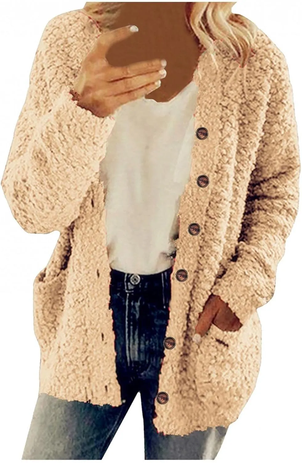 Women Warm Plush Coats Plus Size Sweater Cardigans Button Zipper Hooded Jacket Casual Solid Color Fleece Outerwear Tops