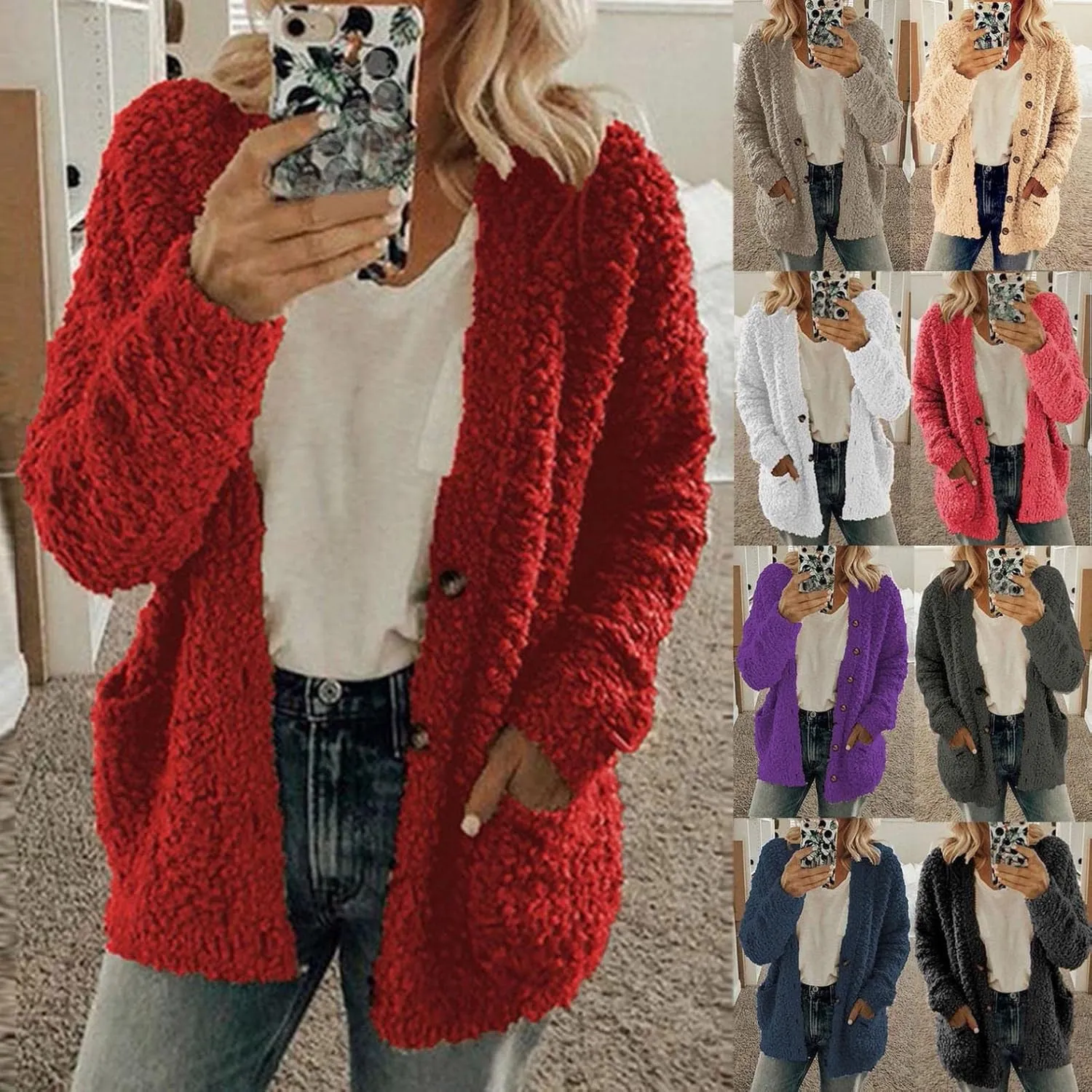 Women Warm Plush Coats Plus Size Sweater Cardigans Button Zipper Hooded Jacket Casual Solid Color Fleece Outerwear Tops