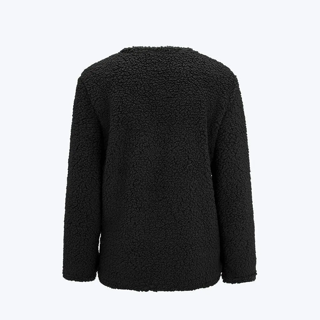 Women Warm Plush Coats Plus Size Sweater Cardigans Button Zipper Hooded Jacket Casual Solid Color Fleece Outerwear Tops