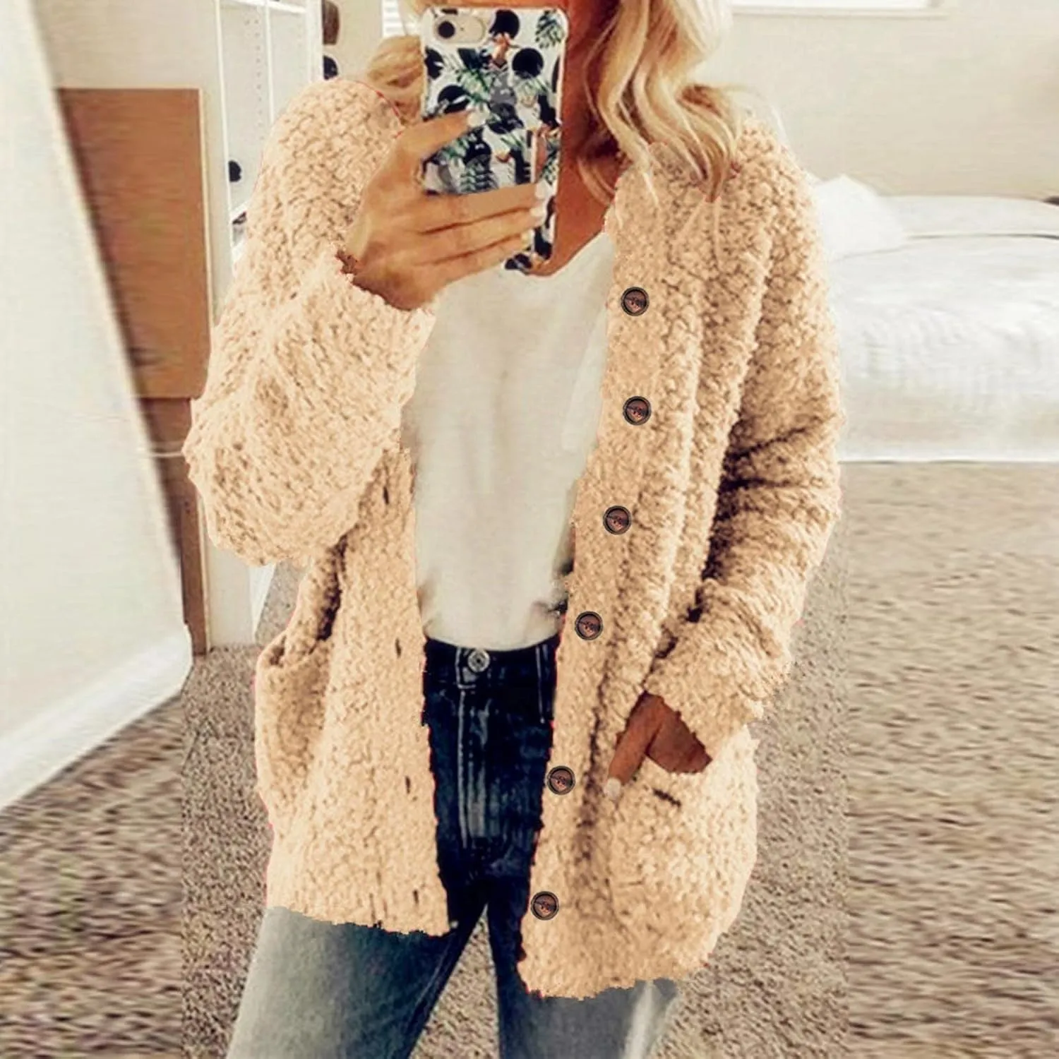 Women Warm Plush Coats Plus Size Sweater Cardigans Button Zipper Hooded Jacket Casual Solid Color Fleece Outerwear Tops