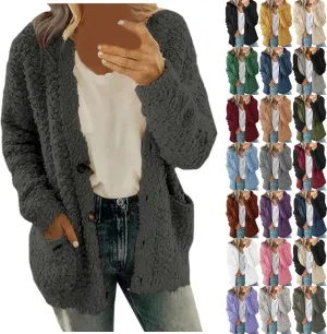 Women Warm Plush Coats Plus Size Sweater Cardigans Button Zipper Hooded Jacket Casual Solid Color Fleece Outerwear Tops