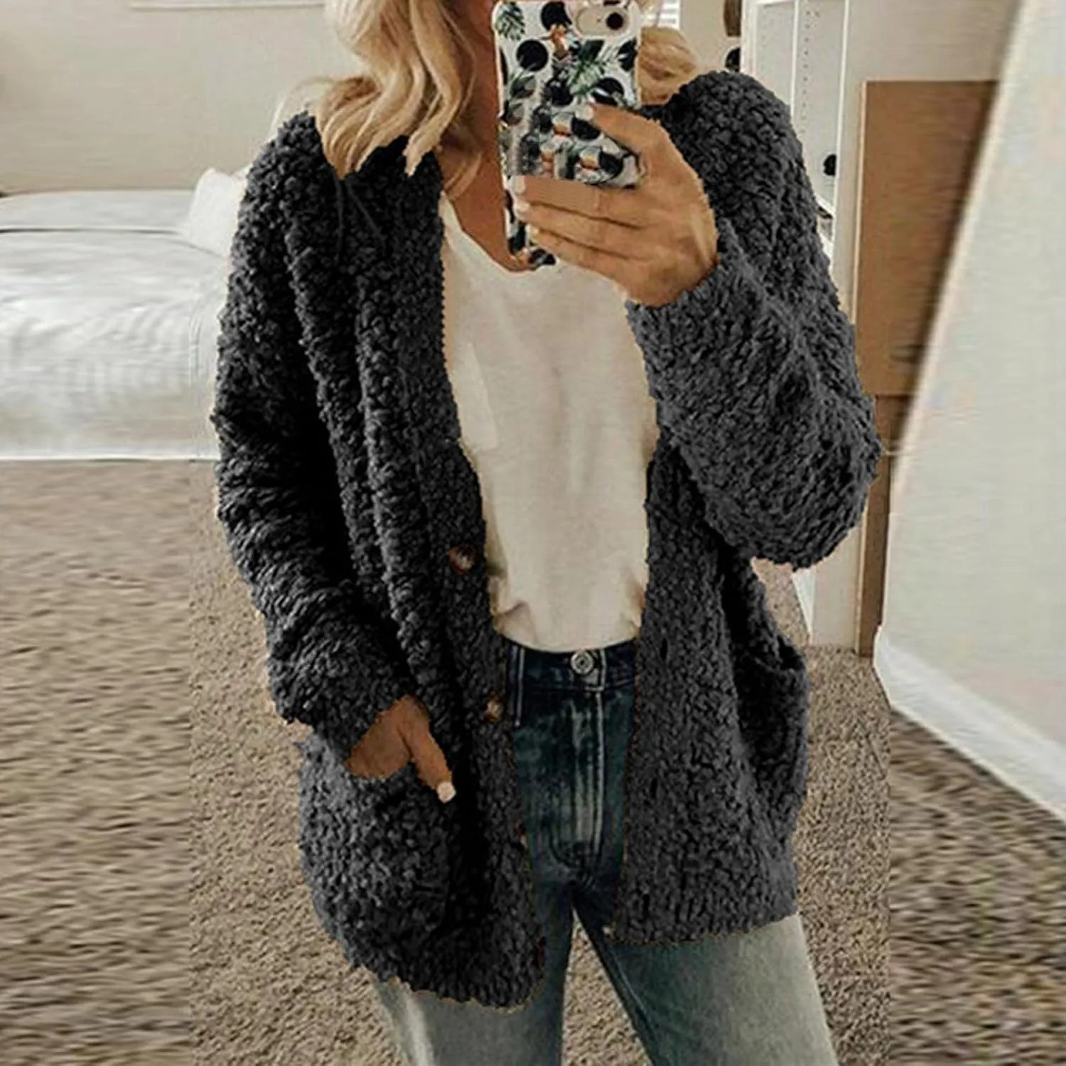 Women Warm Plush Coats Plus Size Sweater Cardigans Button Zipper Hooded Jacket Casual Solid Color Fleece Outerwear Tops