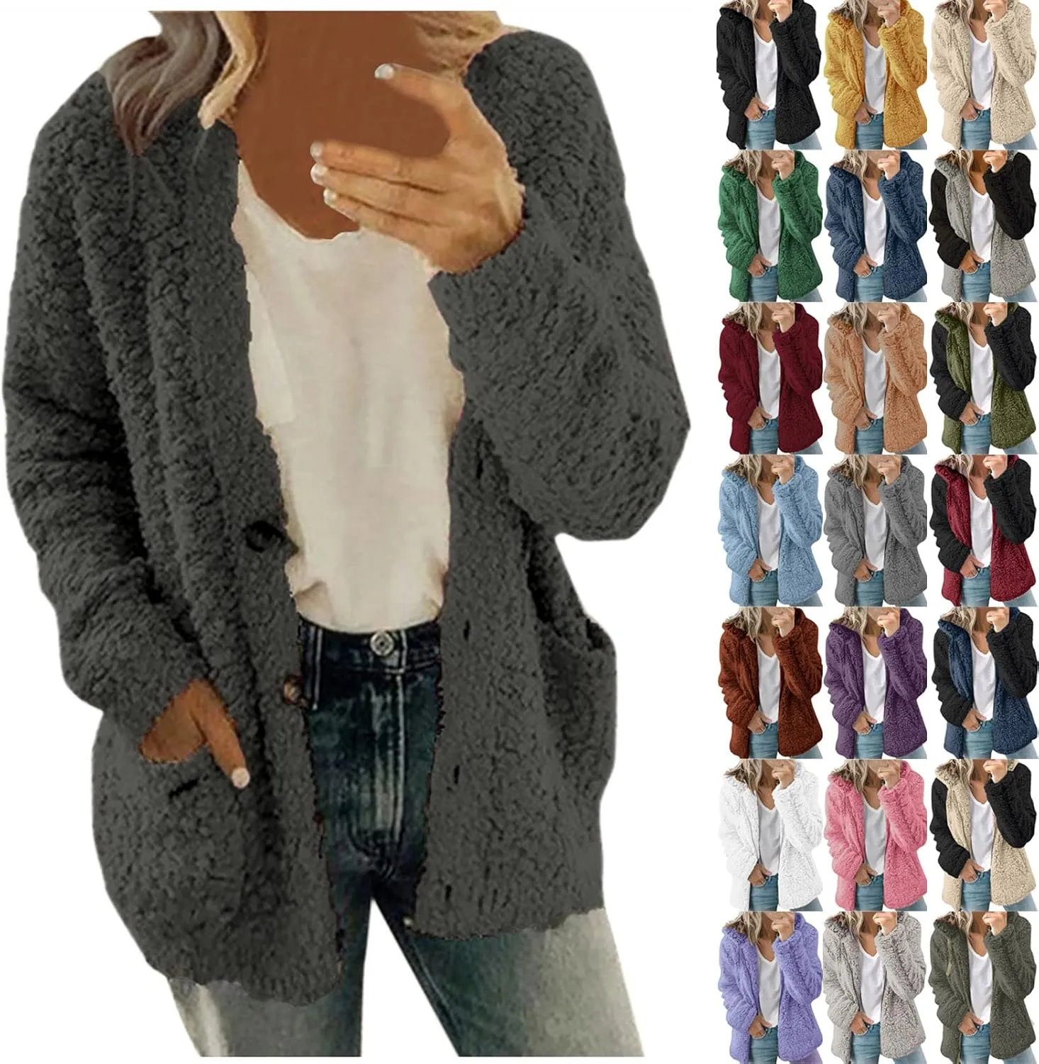 Women Warm Plush Coats Plus Size Sweater Cardigans Button Zipper Hooded Jacket Casual Solid Color Fleece Outerwear Tops