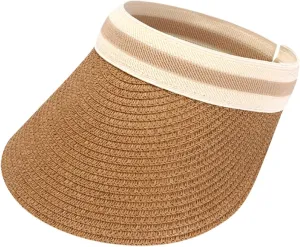 Women Wide Brim Straw Sun Hat Empty Top Messy High Bun Ponytail Visor Hat Tennis Running Beach Hat
