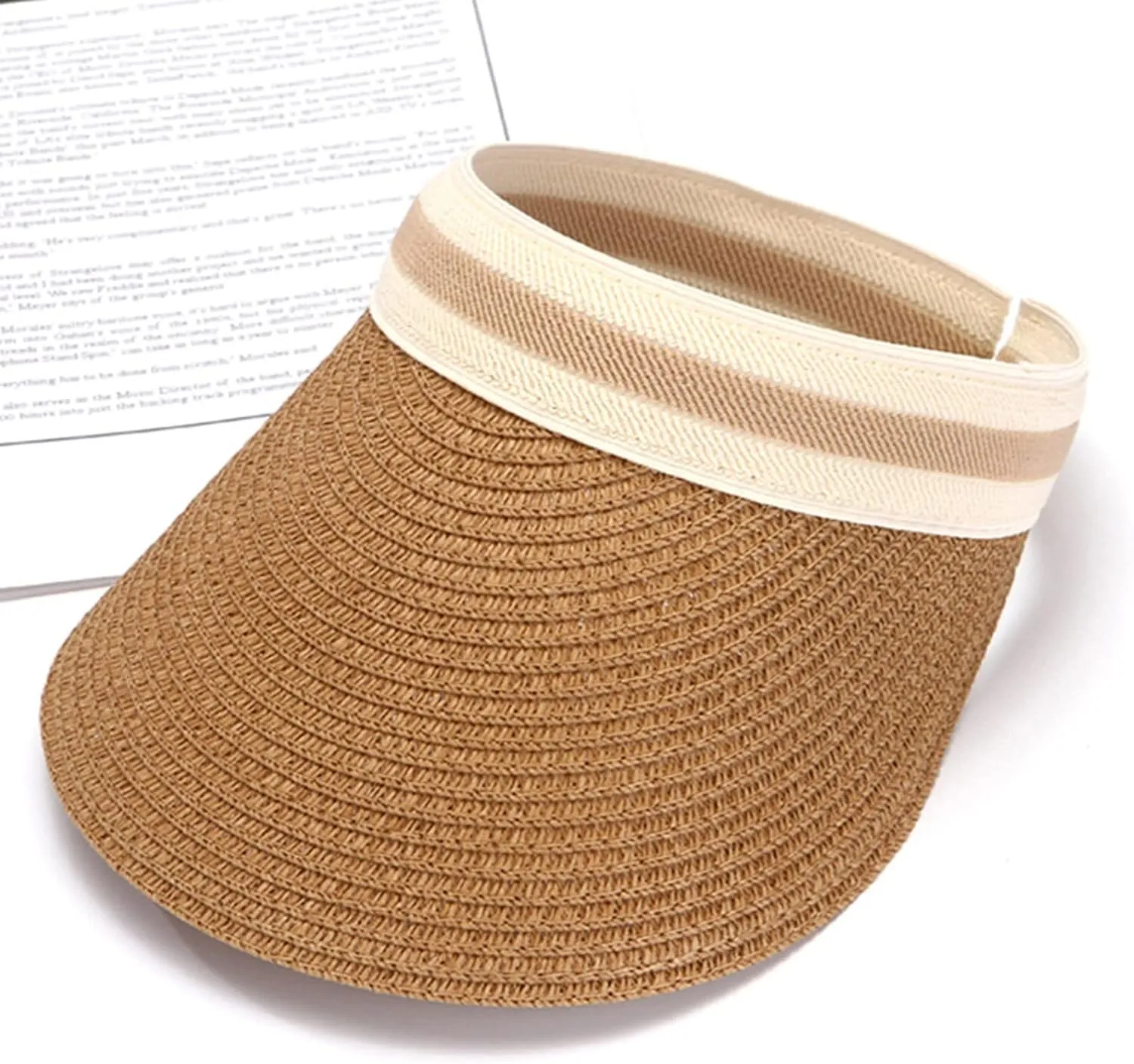 Women Wide Brim Straw Sun Hat Empty Top Messy High Bun Ponytail Visor Hat Tennis Running Beach Hat