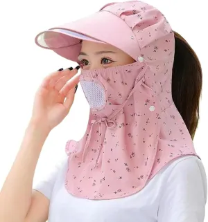 Women Wide Brim Sun Hat Floral Print Visor Hat Summer Travel Hiking Climbing Riding Cap with Wind Lanyard