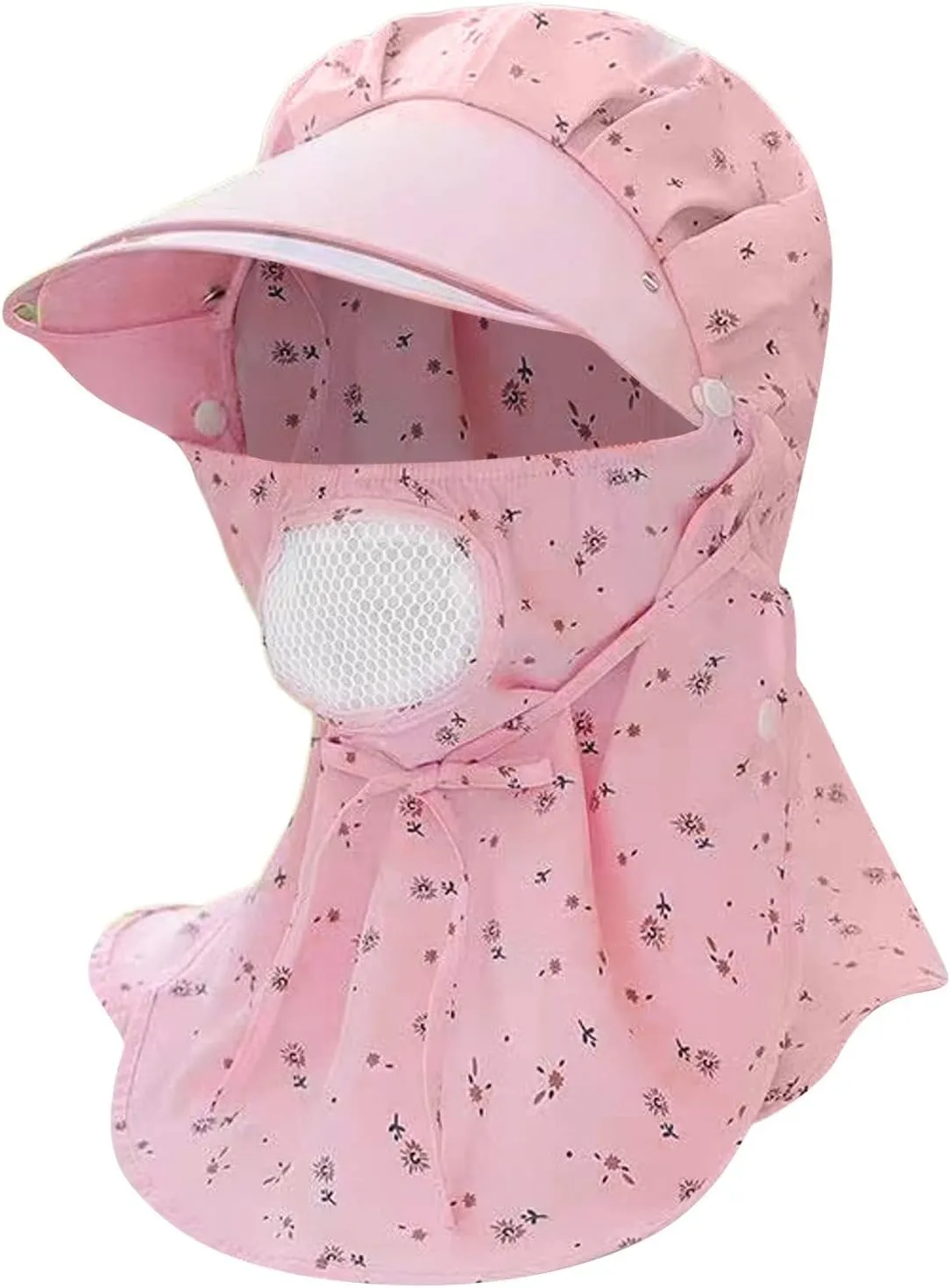Women Wide Brim Sun Hat Floral Print Visor Hat Summer Travel Hiking Climbing Riding Cap with Wind Lanyard
