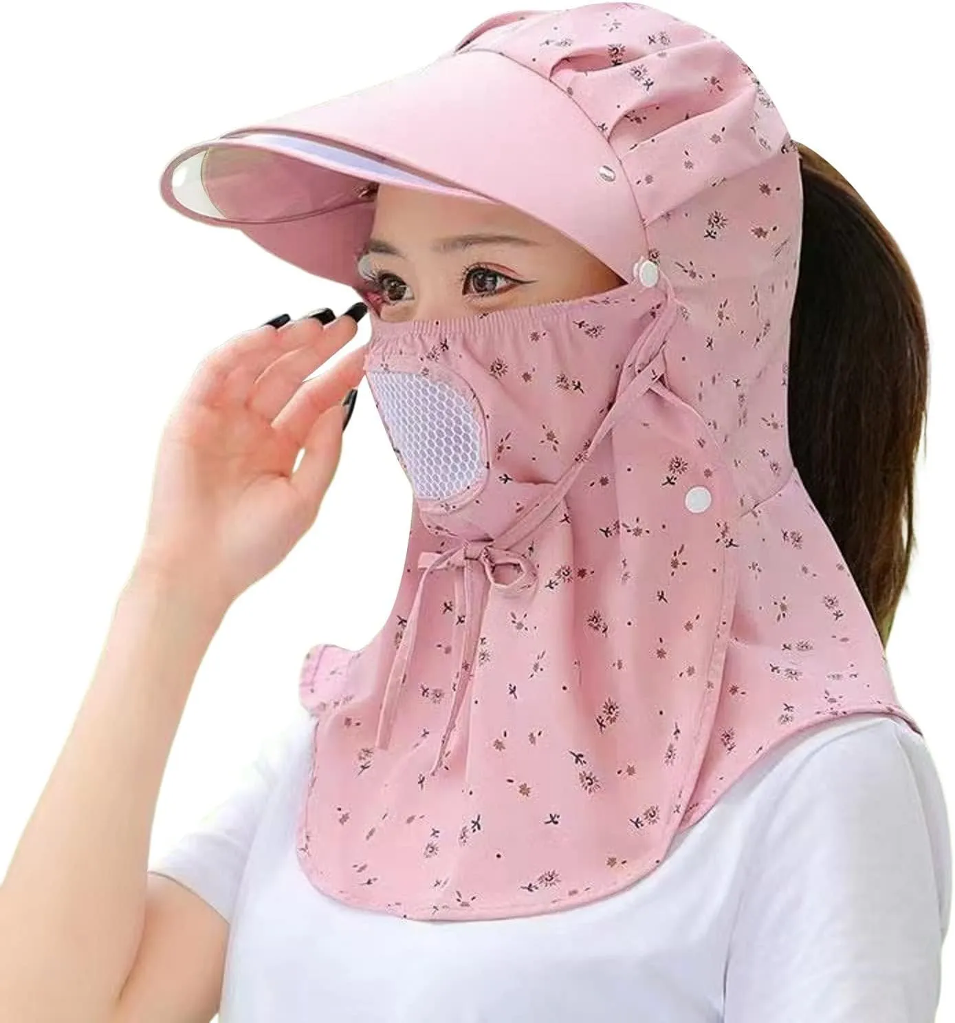 Women Wide Brim Sun Hat Floral Print Visor Hat Summer Travel Hiking Climbing Riding Cap with Wind Lanyard