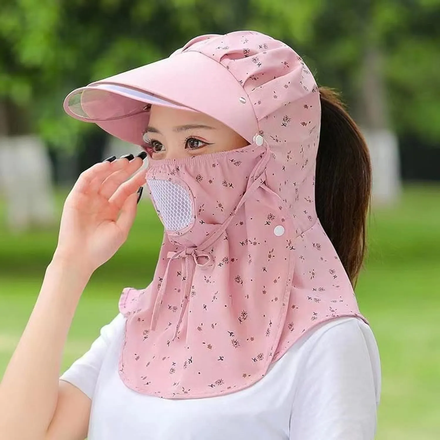 Women Wide Brim Sun Hat Floral Print Visor Hat Summer Travel Hiking Climbing Riding Cap with Wind Lanyard