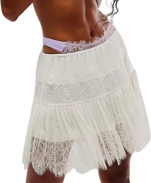 Women Y2k Lace Pleated Mini Skirt Low Rise Half Slip Lace Trim Skirt Fairy Mesh Floral Layered Flowy Short Skirts