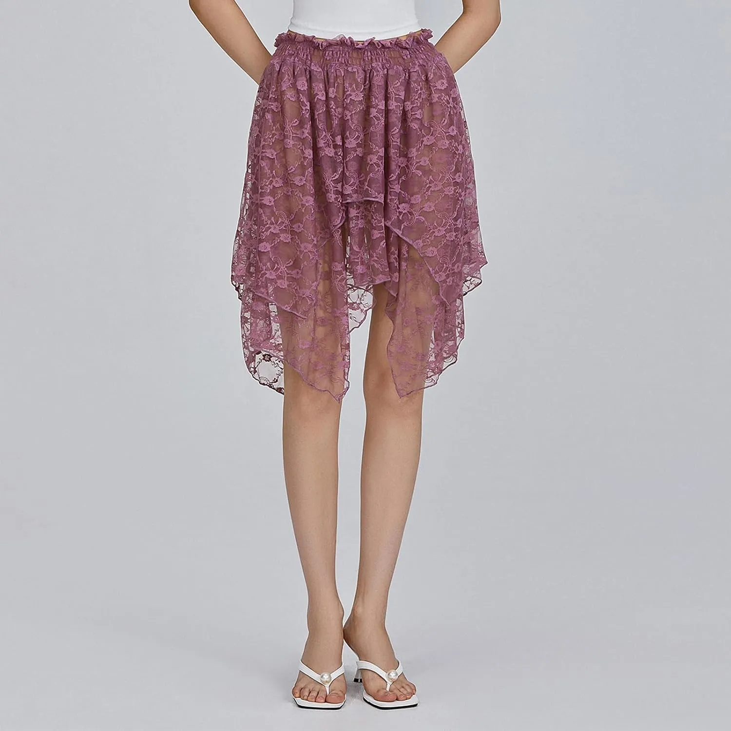 Women Y2k Lace Pleated Mini Skirt Low Rise Half Slip Lace Trim Skirt Fairy Mesh Floral Layered Flowy Short Skirts