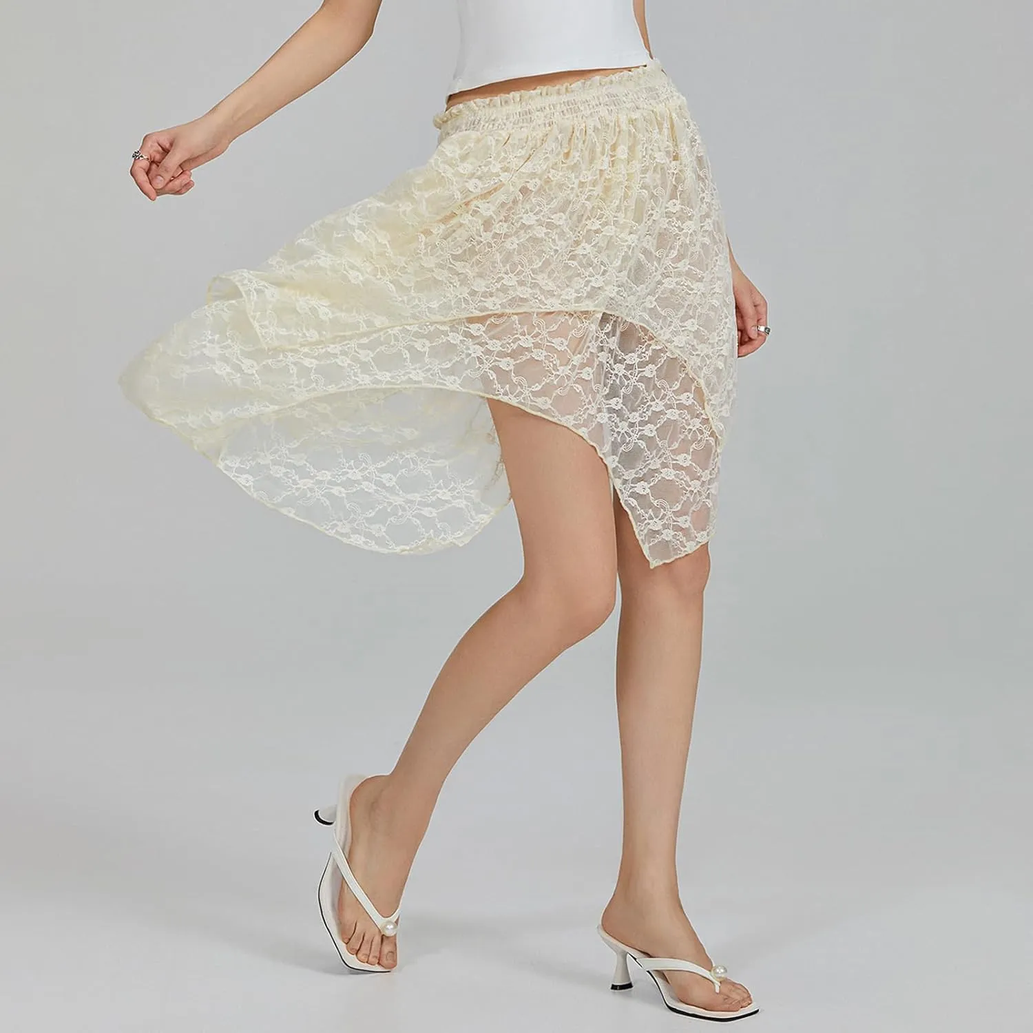 Women Y2k Lace Pleated Mini Skirt Low Rise Half Slip Lace Trim Skirt Fairy Mesh Floral Layered Flowy Short Skirts