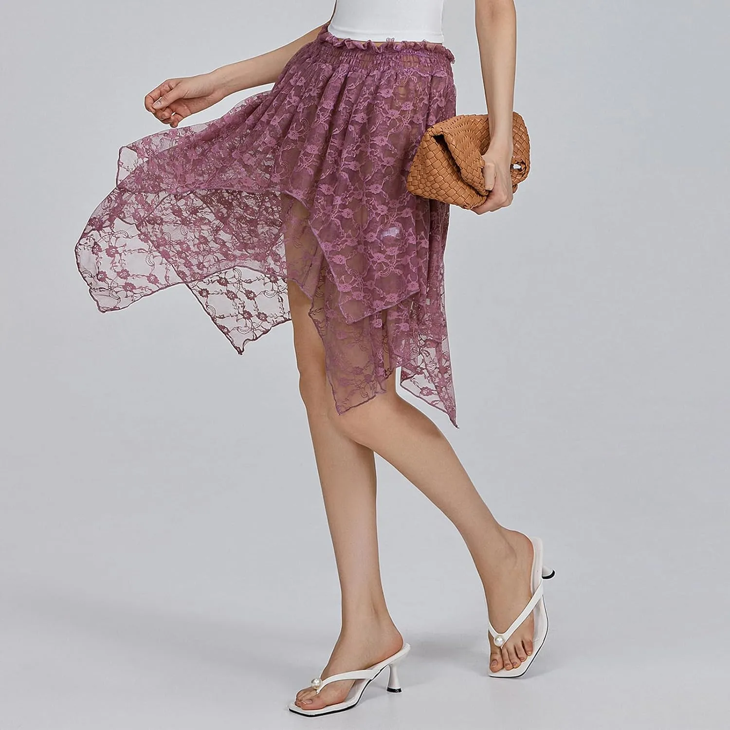 Women Y2k Lace Pleated Mini Skirt Low Rise Half Slip Lace Trim Skirt Fairy Mesh Floral Layered Flowy Short Skirts