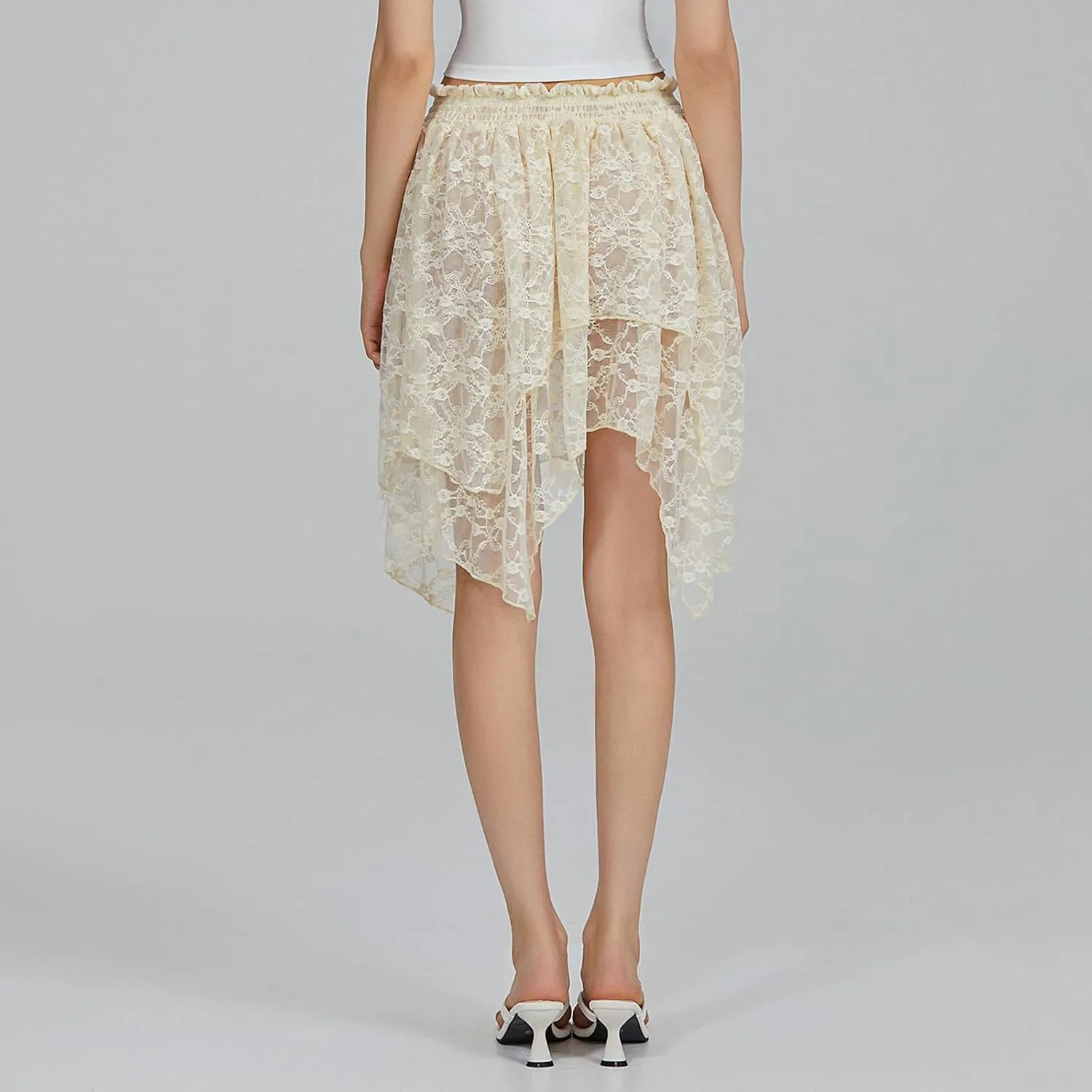 Women Y2k Lace Pleated Mini Skirt Low Rise Half Slip Lace Trim Skirt Fairy Mesh Floral Layered Flowy Short Skirts