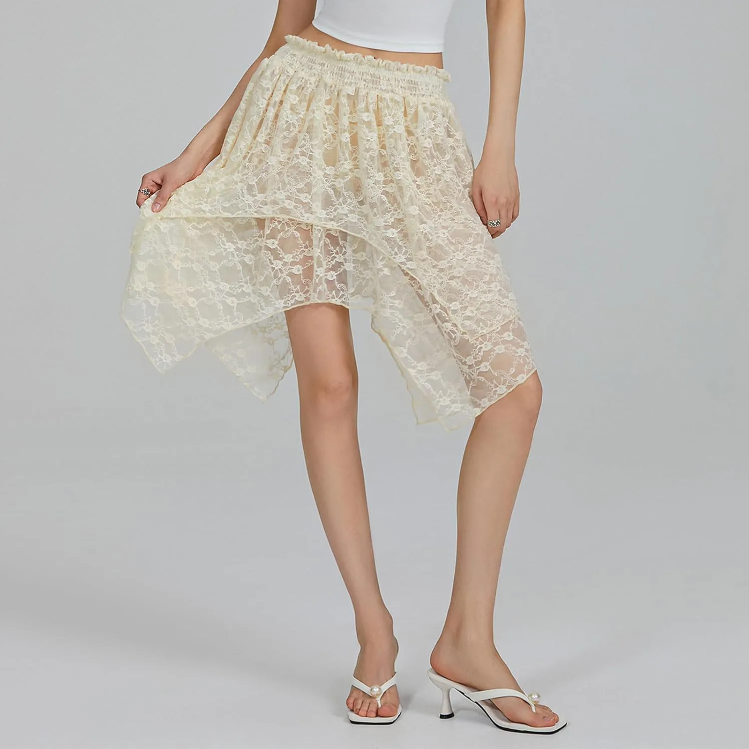 Women Y2k Lace Pleated Mini Skirt Low Rise Half Slip Lace Trim Skirt Fairy Mesh Floral Layered Flowy Short Skirts
