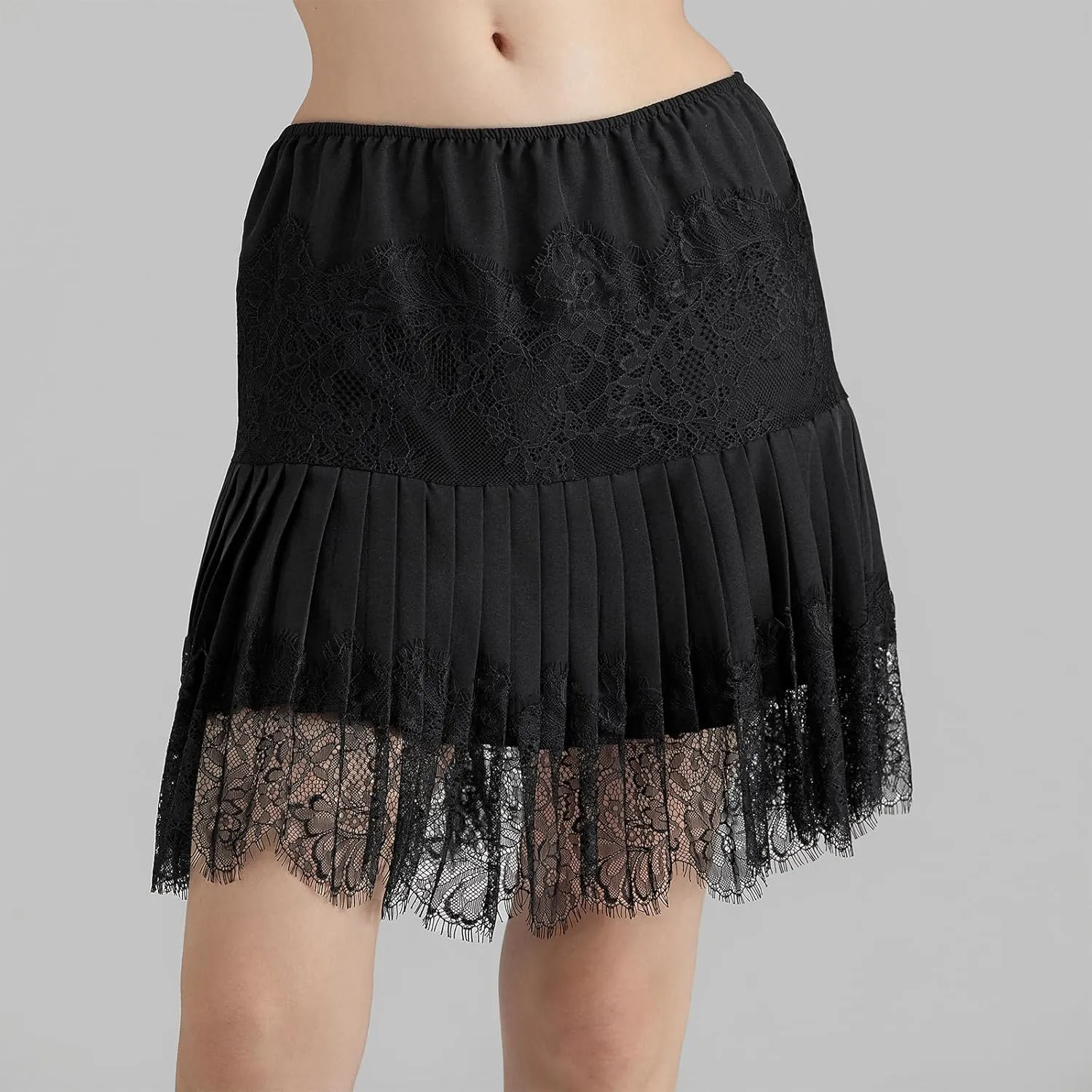 Women Y2k Lace Pleated Mini Skirt Low Rise Half Slip Lace Trim Skirt Fairy Mesh Floral Layered Flowy Short Skirts