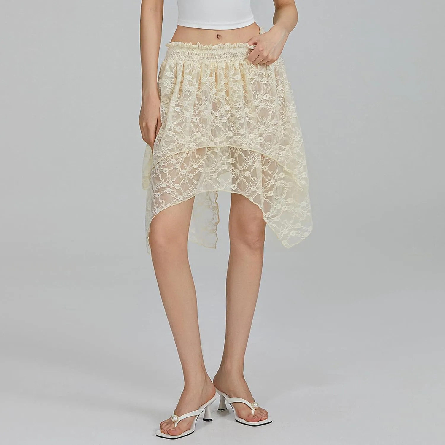 Women Y2k Lace Pleated Mini Skirt Low Rise Half Slip Lace Trim Skirt Fairy Mesh Floral Layered Flowy Short Skirts