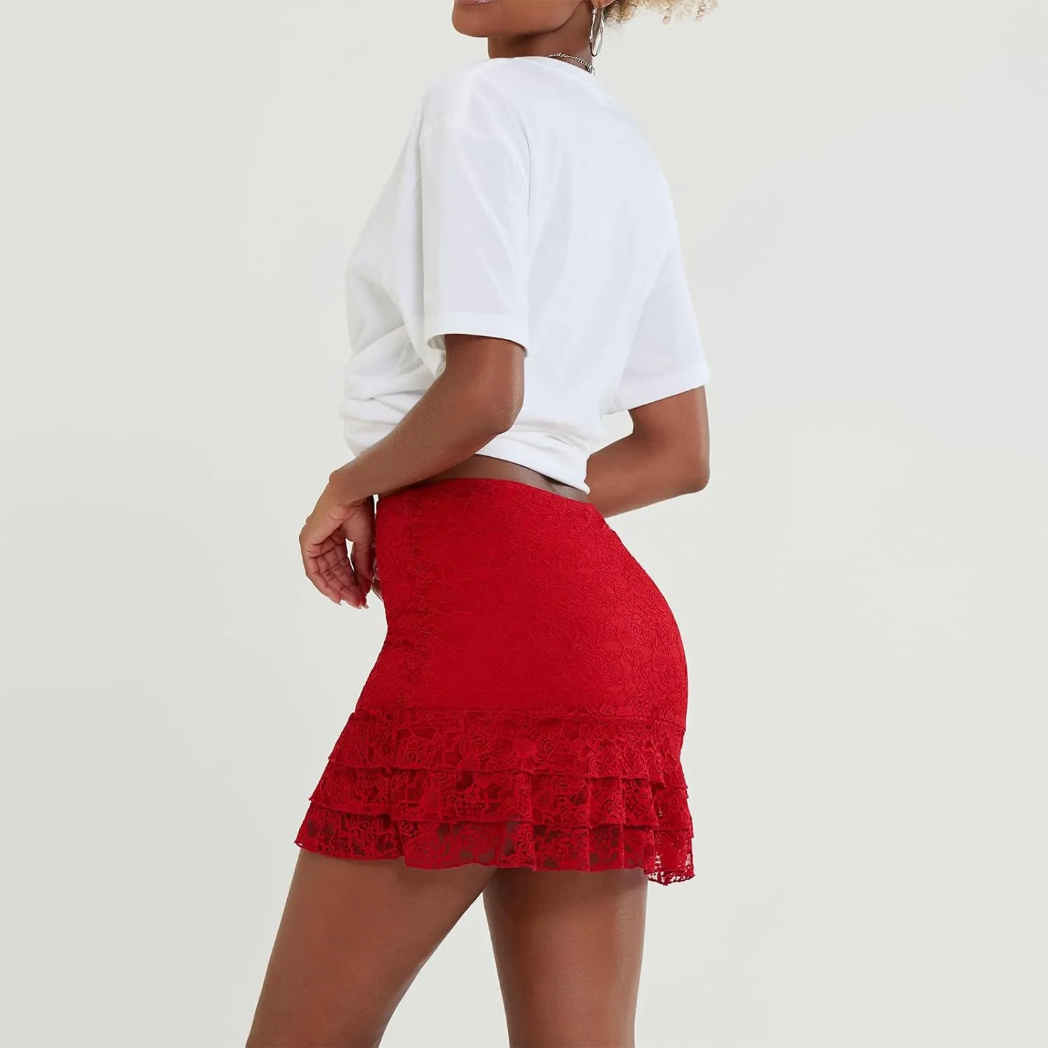 Women Y2k Lace Slip Skirt Low Rise Pleated Mini Skirt A-line Tiered Flowy Ruffle Half Slip Short Skirt Streetwear