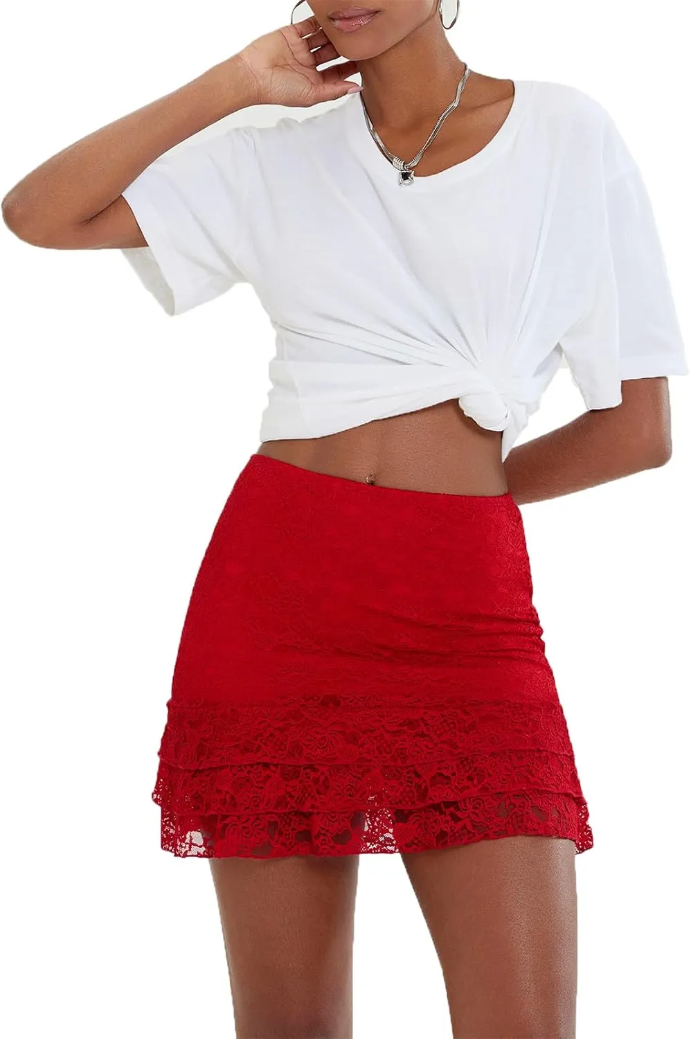 Women Y2k Lace Slip Skirt Low Rise Pleated Mini Skirt A-line Tiered Flowy Ruffle Half Slip Short Skirt Streetwear