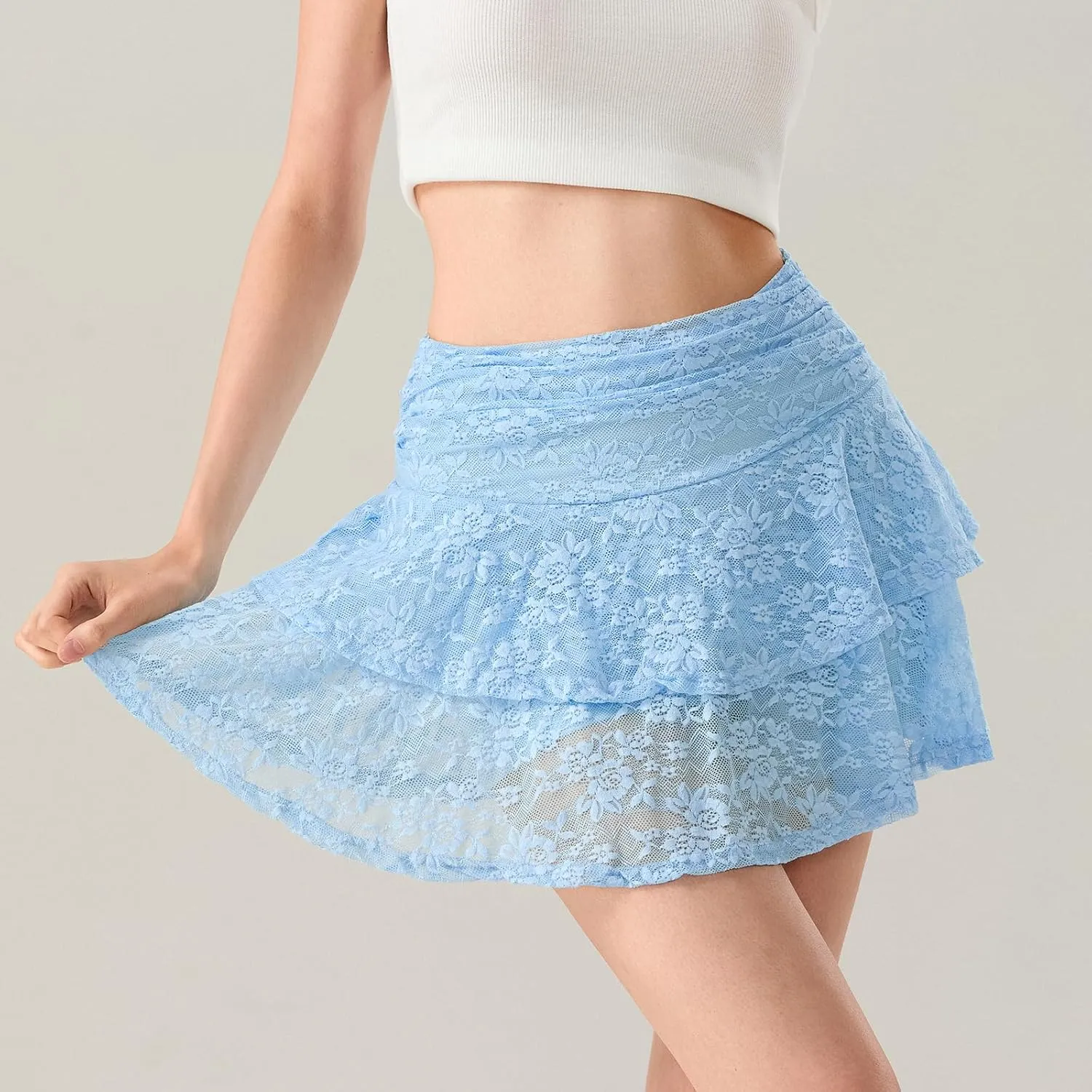 Women Y2k Lace Slip Skirt Low Rise Pleated Mini Skirt A-line Tiered Flowy Ruffle Half Slip Short Skirt Streetwear