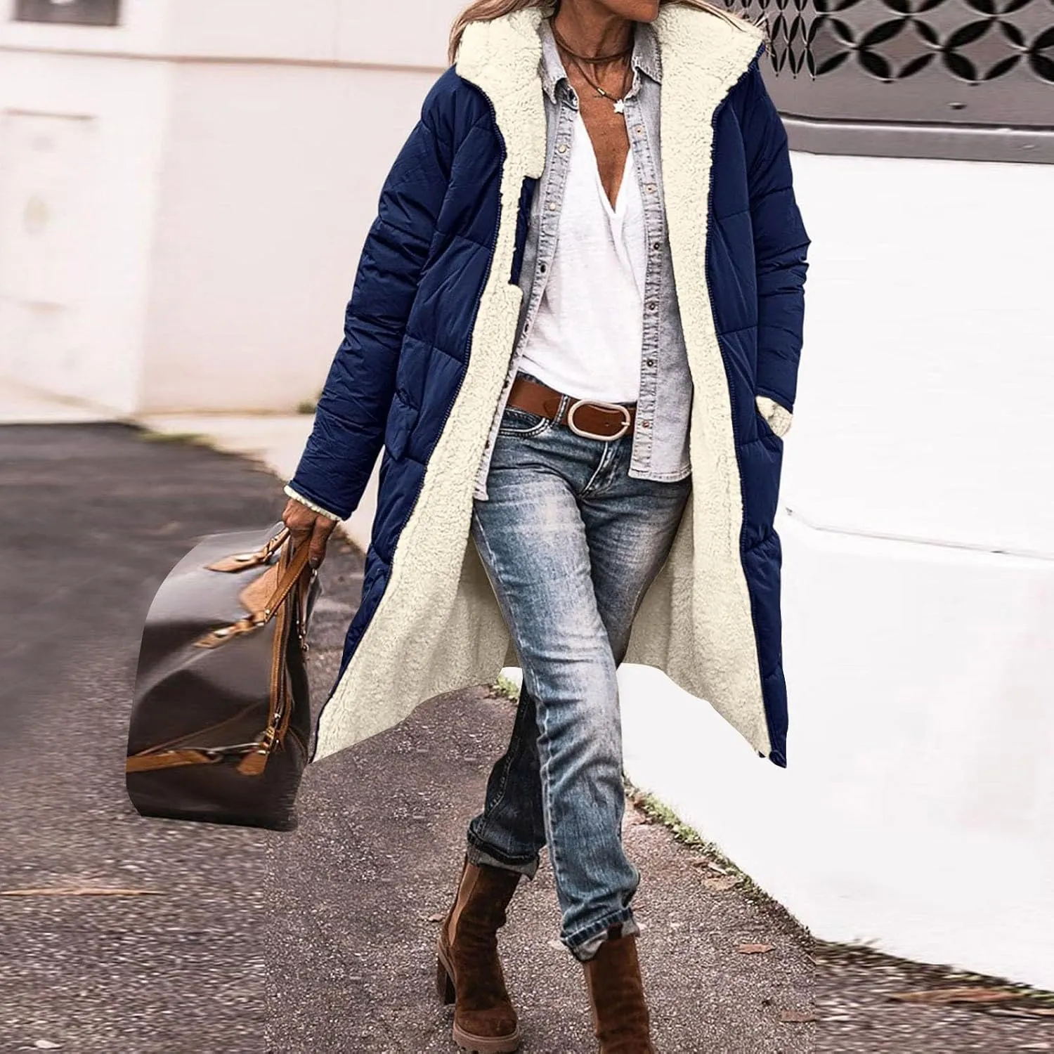 Womens 2024 Fashion Full Zip Fleece Coat Long Sleeve Pockets Outwear Comfort Warm Soft Overcoat Outdoor Home Clothes