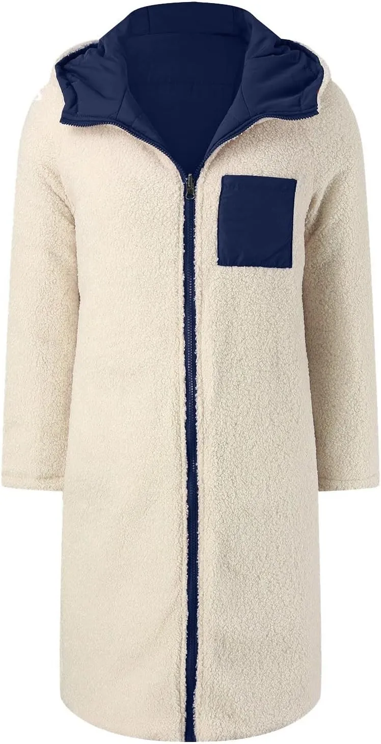 Womens 2024 Fashion Full Zip Fleece Coat Long Sleeve Pockets Outwear Comfort Warm Soft Overcoat Outdoor Home Clothes