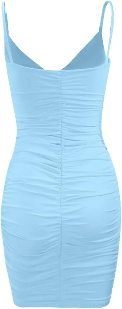 Women's 2025 Sexy Wrap V Neck Spaghetti Straps Ruched Bodycon Cocktail Dress Evening Party Night Club Slim Mini Dresses