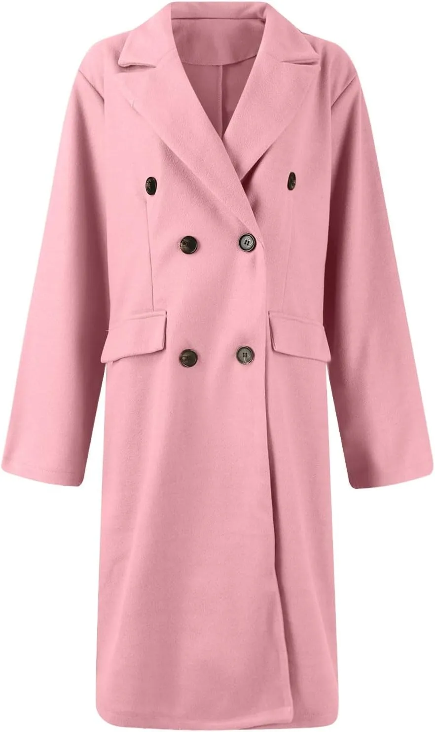 Women's Big Notch Lapel Single Breasted Mid-Long Wool Blend Coat Double Breasted Trench Coat Fall Winter Clothes