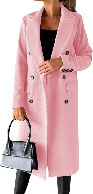 Women's Big Notch Lapel Single Breasted Mid-Long Wool Blend Coat Double Breasted Trench Coat Fall Winter Clothes
