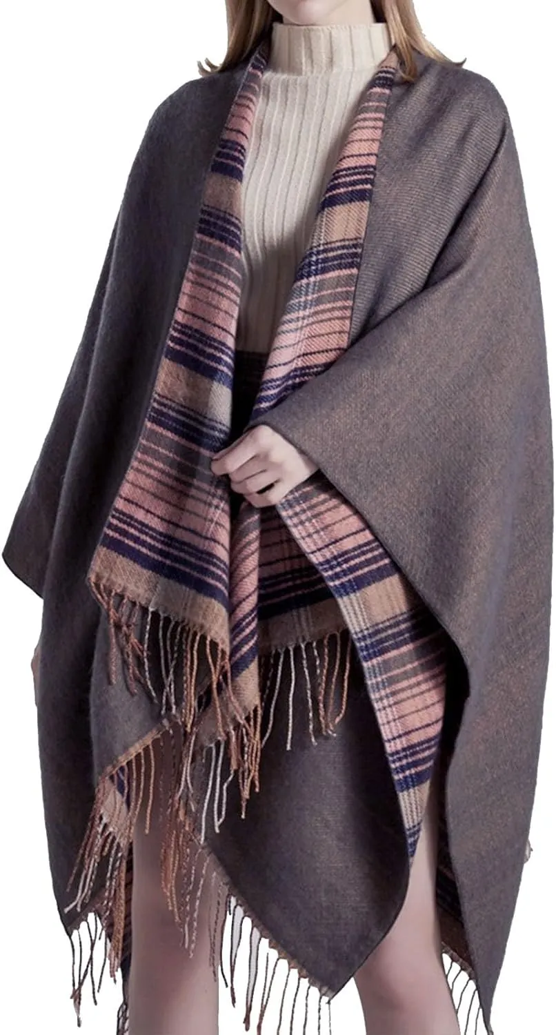 Women's Boho Open Front Poncho Cape Fall Winter Knitted Warm Plaid Pashmina Shawl Wrap Cape Tassel Cardigan Sweater