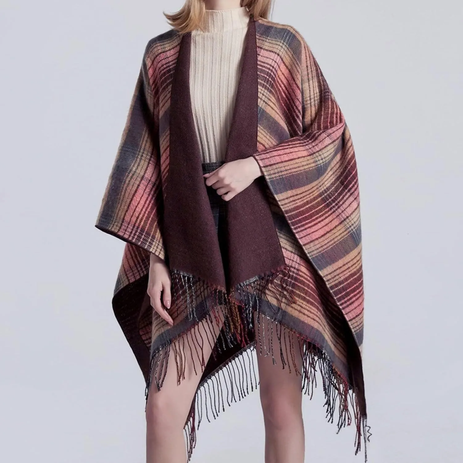 Women's Boho Open Front Poncho Cape Fall Winter Knitted Warm Plaid Pashmina Shawl Wrap Cape Tassel Cardigan Sweater