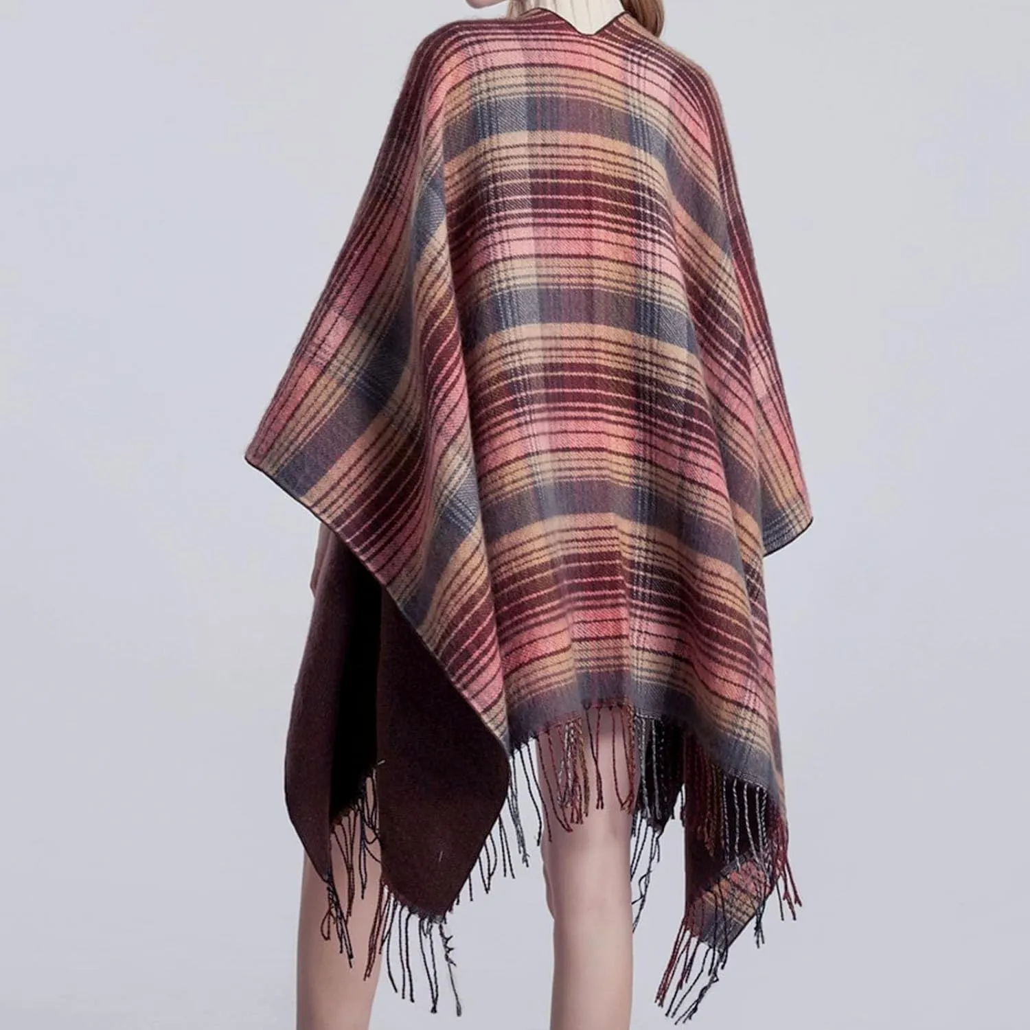 Women's Boho Open Front Poncho Cape Fall Winter Knitted Warm Plaid Pashmina Shawl Wrap Cape Tassel Cardigan Sweater