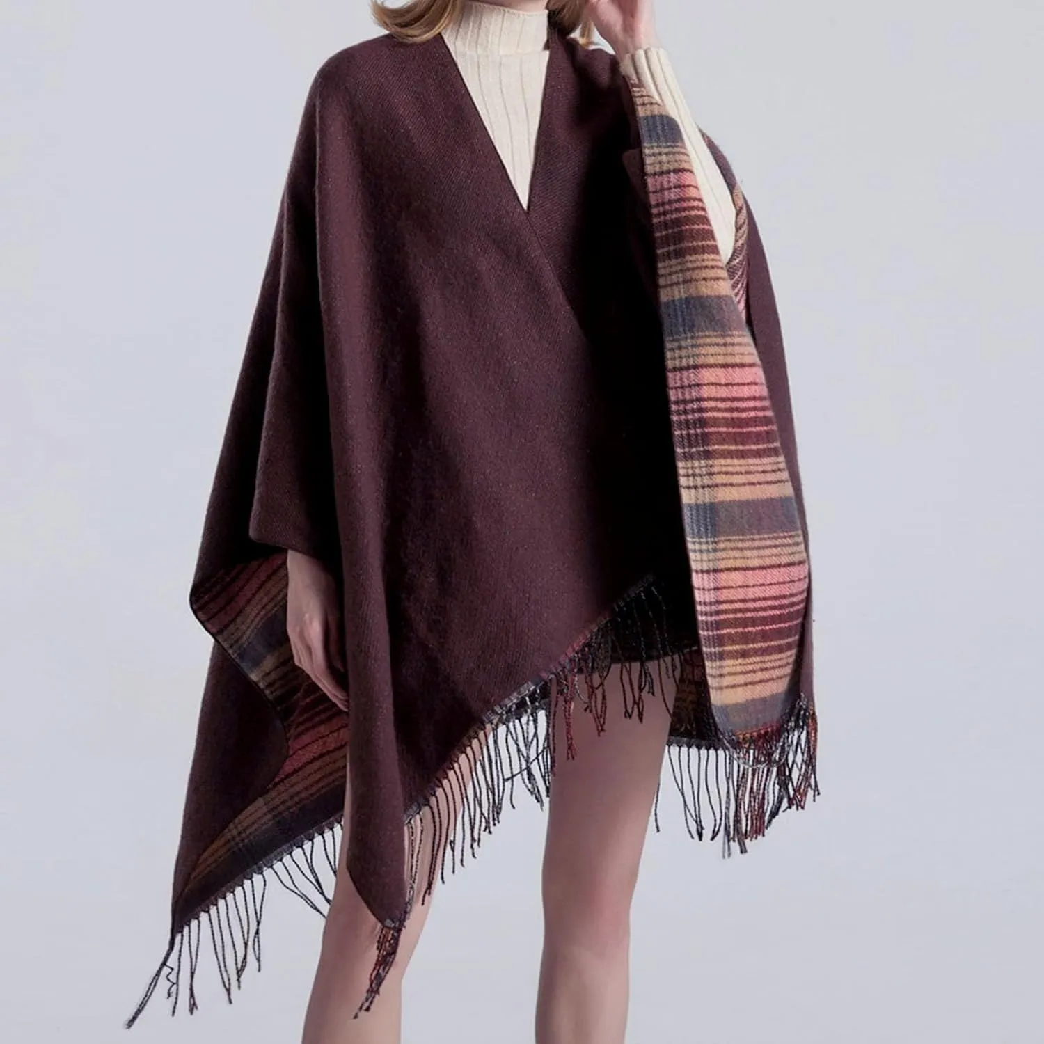 Women's Boho Open Front Poncho Cape Fall Winter Knitted Warm Plaid Pashmina Shawl Wrap Cape Tassel Cardigan Sweater