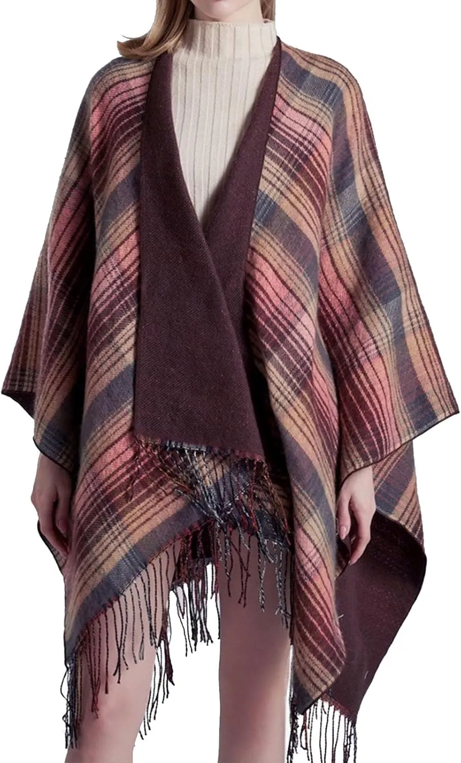 Women's Boho Open Front Poncho Cape Fall Winter Knitted Warm Plaid Pashmina Shawl Wrap Cape Tassel Cardigan Sweater