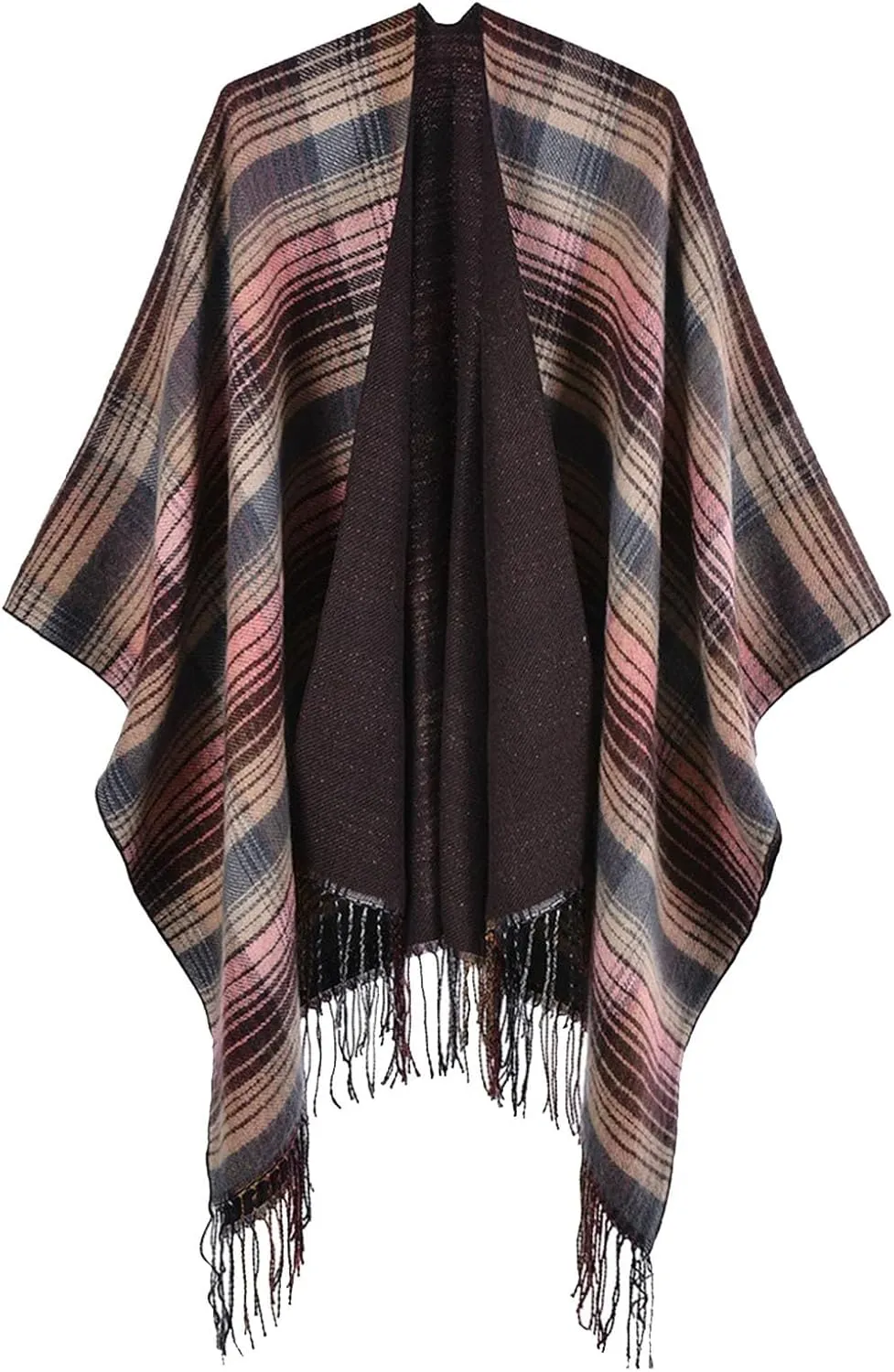 Women's Boho Open Front Poncho Cape Fall Winter Knitted Warm Plaid Pashmina Shawl Wrap Cape Tassel Cardigan Sweater