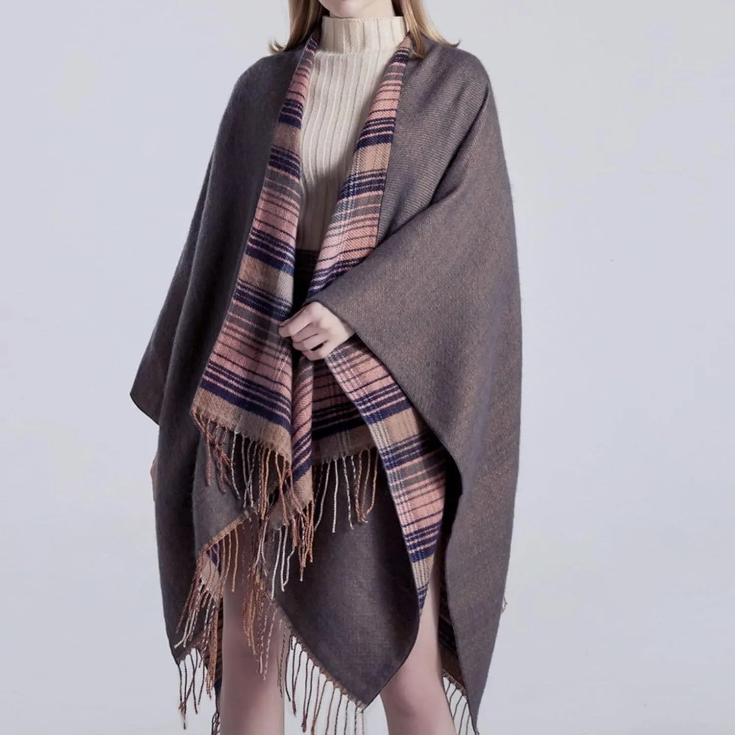 Women's Boho Open Front Poncho Cape Fall Winter Knitted Warm Plaid Pashmina Shawl Wrap Cape Tassel Cardigan Sweater