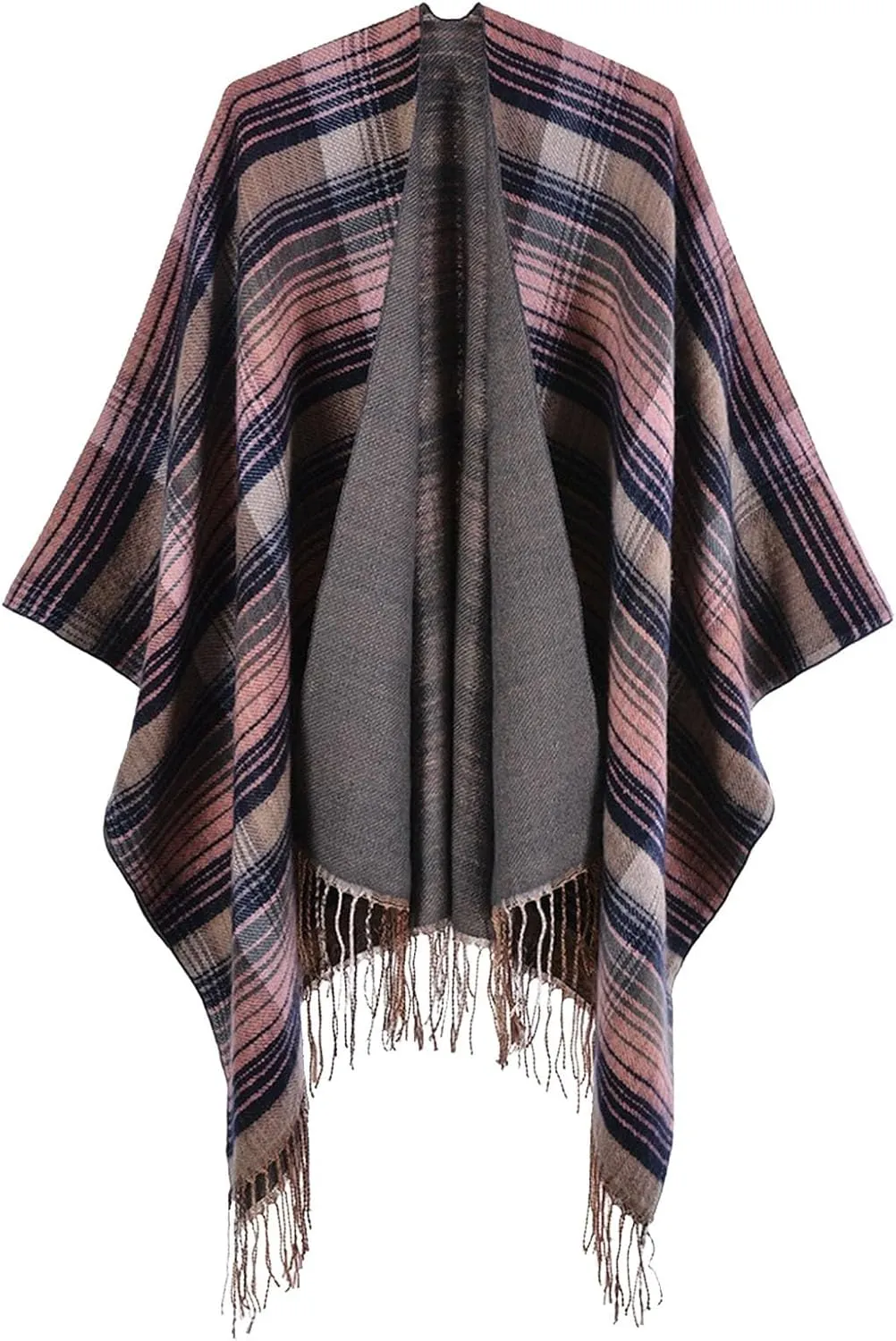 Women's Boho Open Front Poncho Cape Fall Winter Knitted Warm Plaid Pashmina Shawl Wrap Cape Tassel Cardigan Sweater