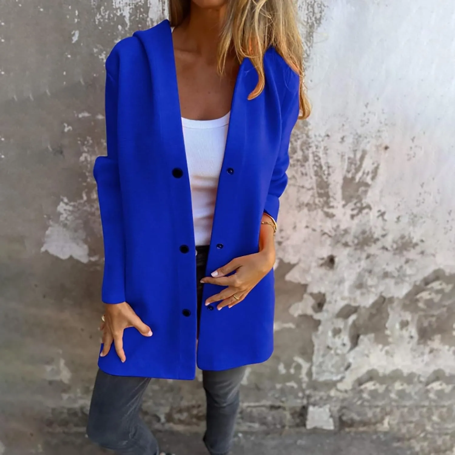 Womens Casual Hooded Jacket Long Sleeve Single Breasted Trench Coat Solid Color Button Up Cardigan Sweaters