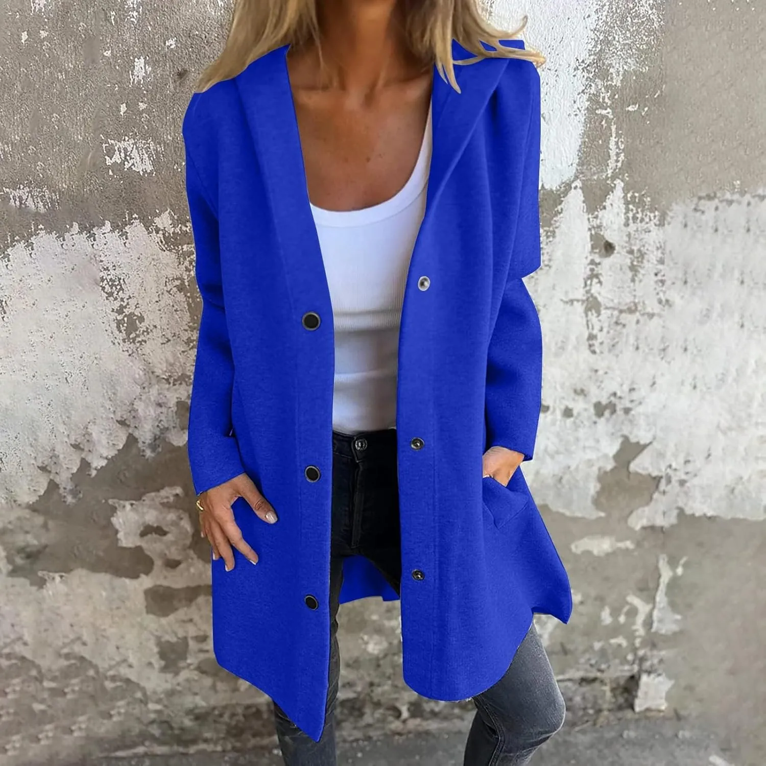 Womens Casual Hooded Jacket Long Sleeve Single Breasted Trench Coat Solid Color Button Up Cardigan Sweaters