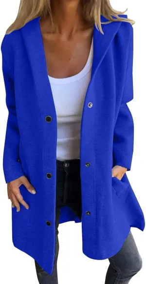Womens Casual Hooded Jacket Long Sleeve Single Breasted Trench Coat Solid Color Button Up Cardigan Sweaters