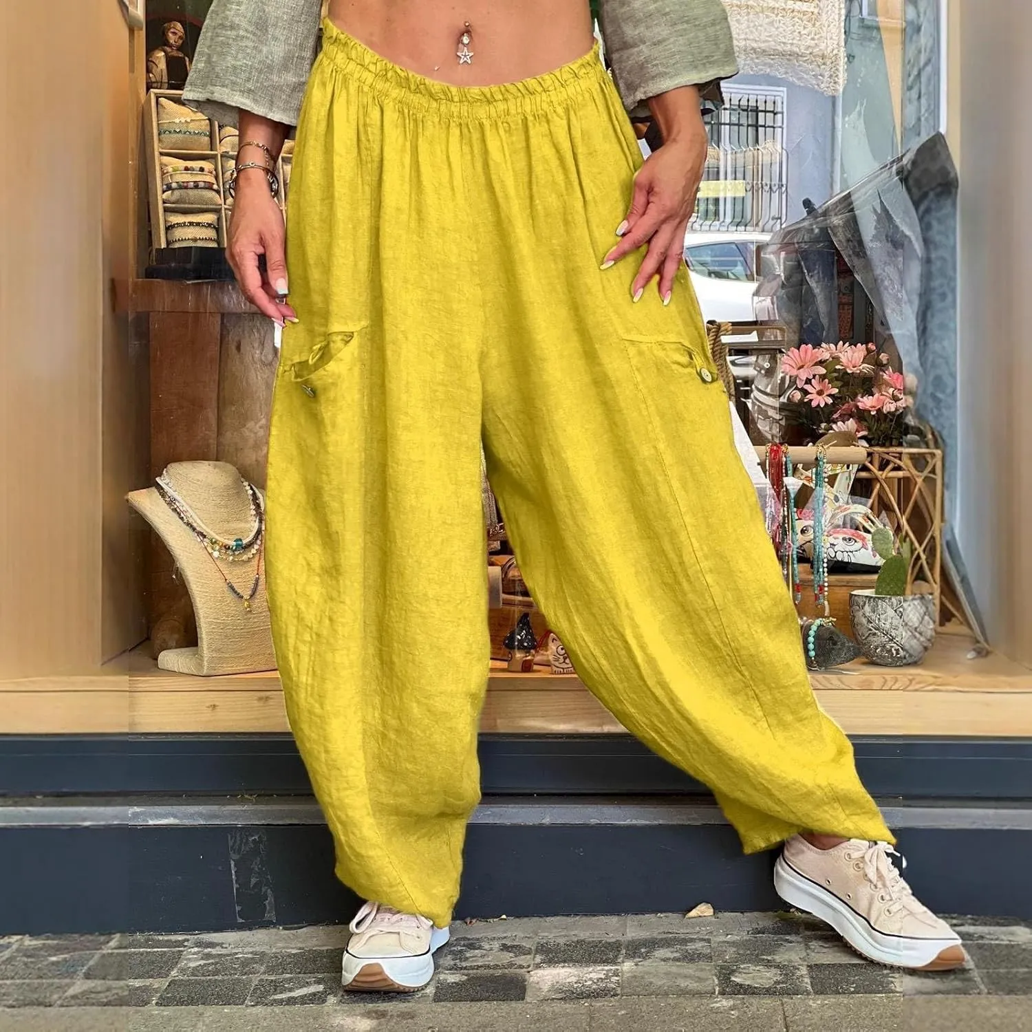 Women's Casual Pants Elastic Waisted Straight Leg Trendy Pants Solid Color Lightweight Comfort Trousers with Pocket