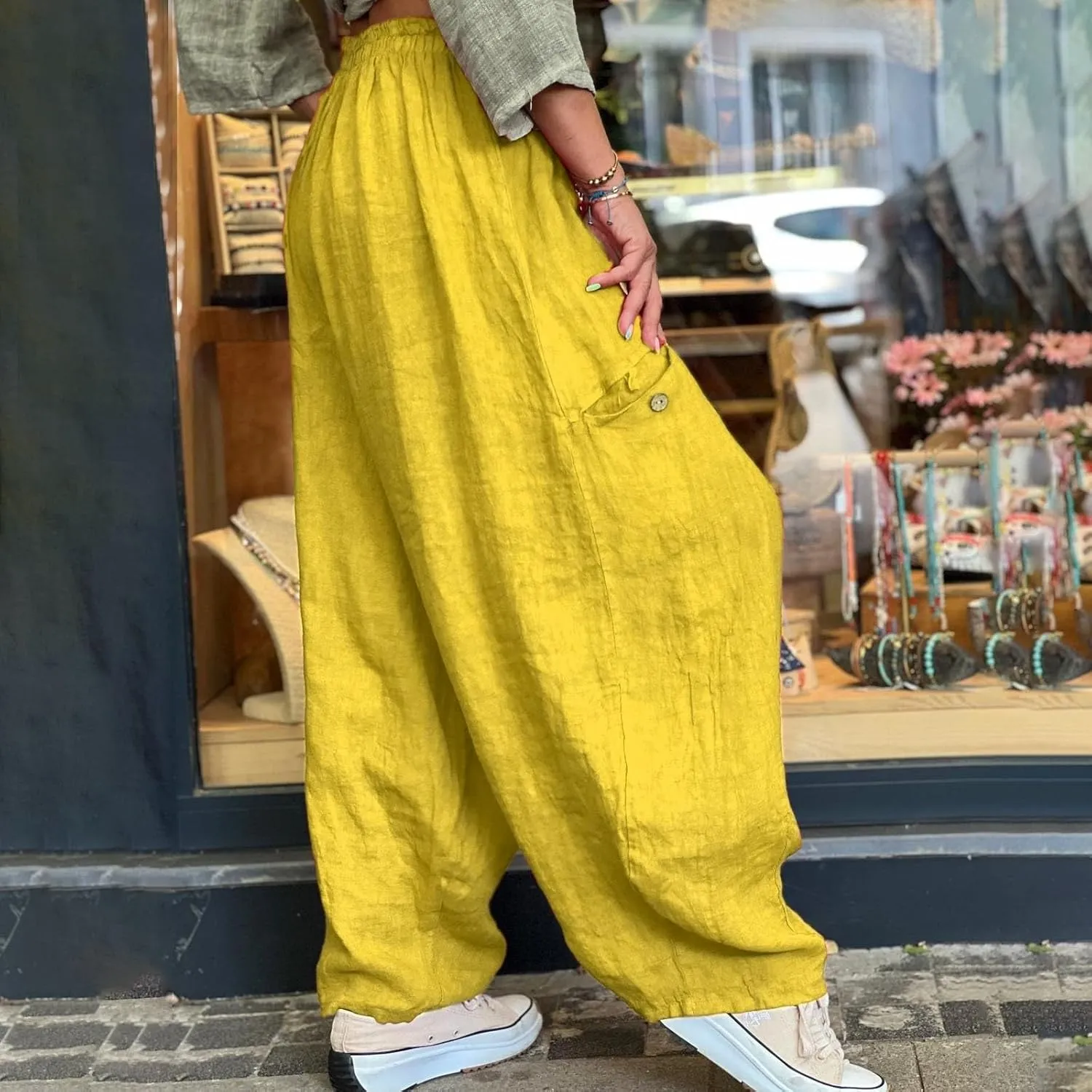 Women's Casual Pants Elastic Waisted Straight Leg Trendy Pants Solid Color Lightweight Comfort Trousers with Pocket