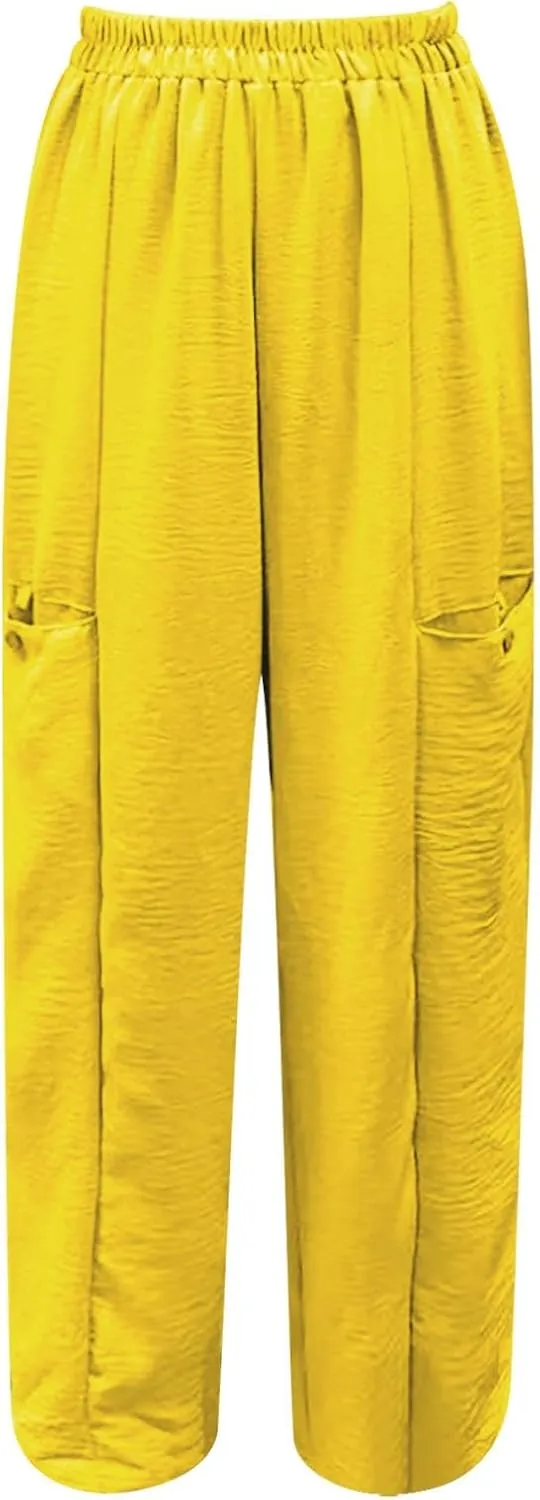 Women's Casual Pants Elastic Waisted Straight Leg Trendy Pants Solid Color Lightweight Comfort Trousers with Pocket