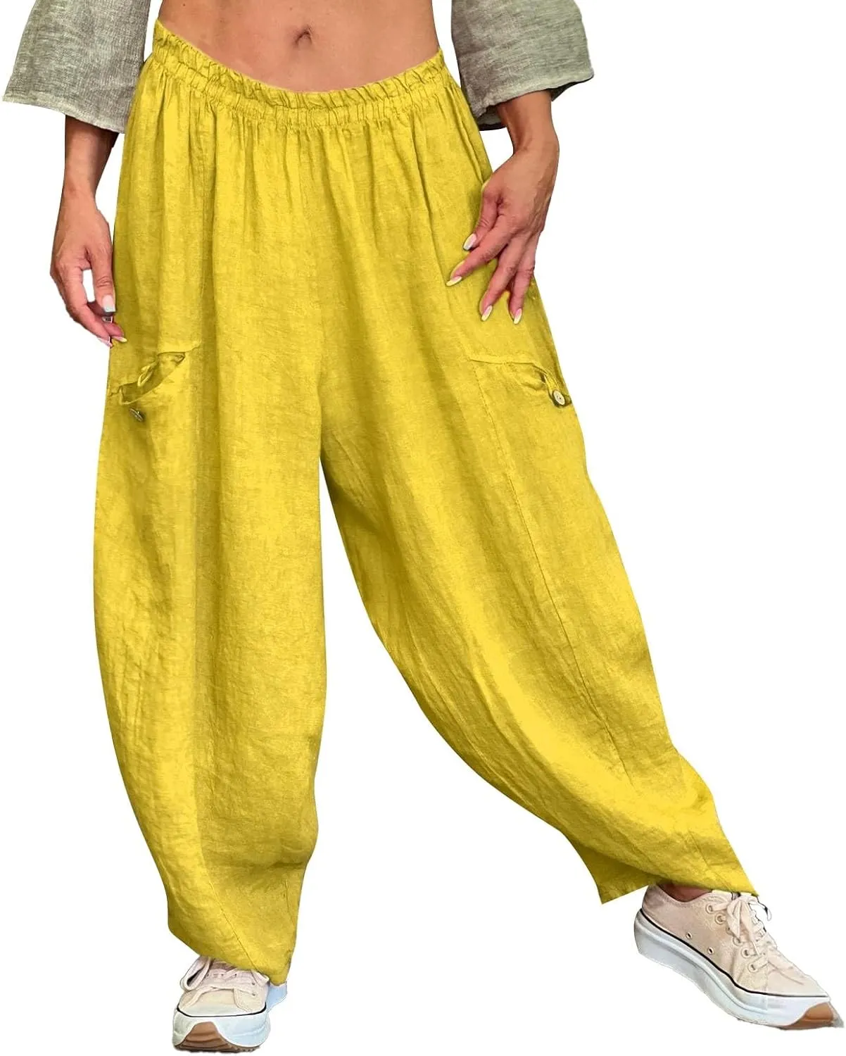 Women's Casual Pants Elastic Waisted Straight Leg Trendy Pants Solid Color Lightweight Comfort Trousers with Pocket