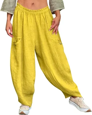 Women's Casual Pants Elastic Waisted Straight Leg Trendy Pants Solid Color Lightweight Comfort Trousers with Pocket
