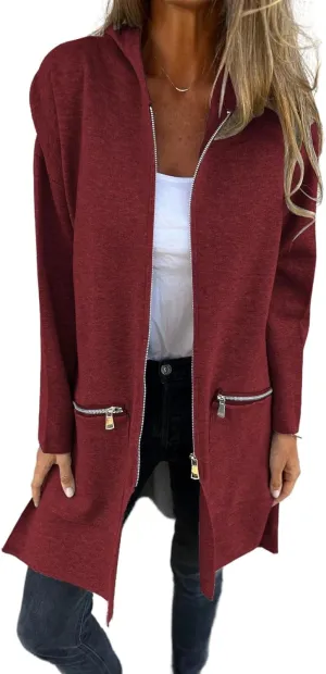Women's Casual Zip Up Hooded Jacket Long Sleeve Solid Color Fall Winter Long Trench Coat with Pockets