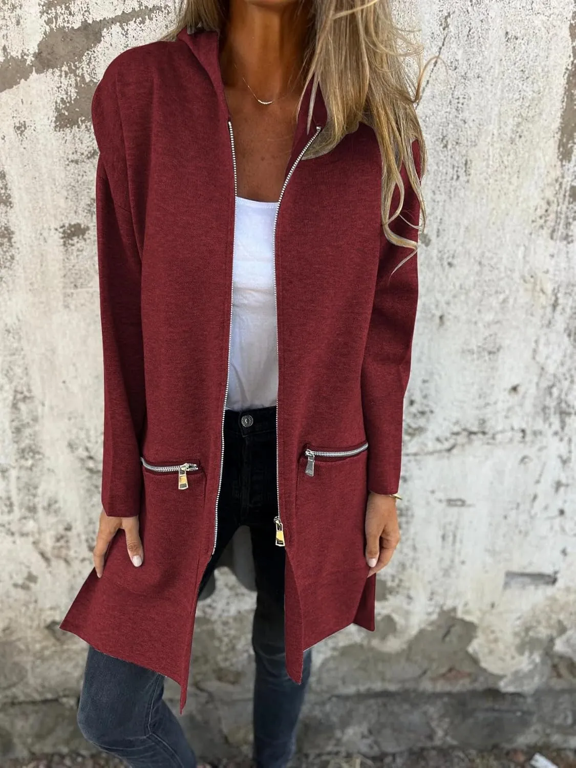Women's Casual Zip Up Hooded Jacket Long Sleeve Solid Color Fall Winter Long Trench Coat with Pockets