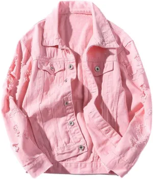 Womens Cute Solid Distressed Ripped Long Sleeve Denim Jean Jacket Coat Plus Size