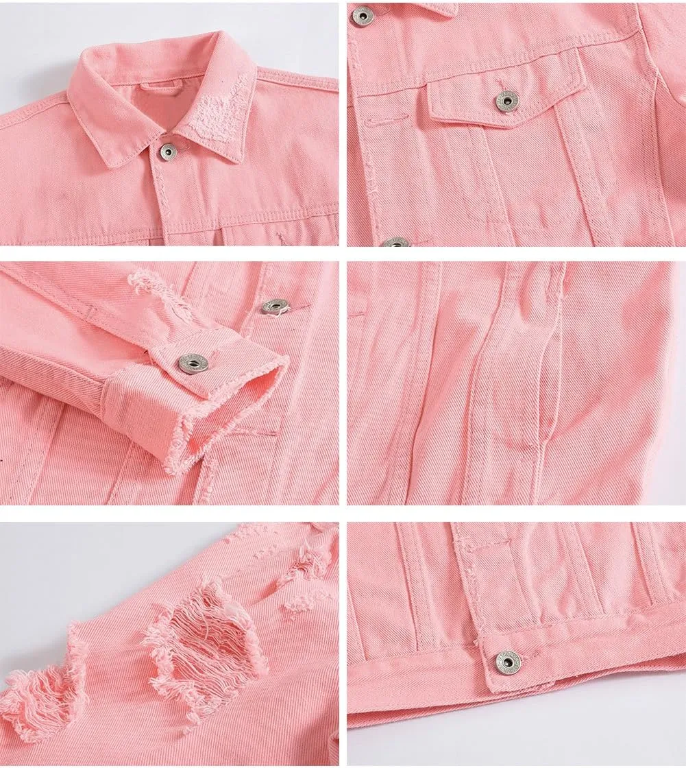 Womens Cute Solid Distressed Ripped Long Sleeve Denim Jean Jacket Coat Plus Size